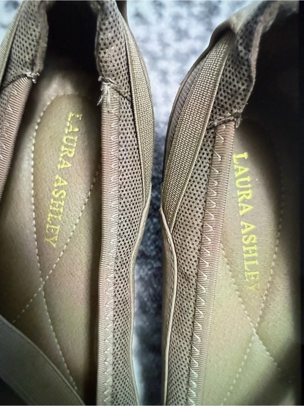 Laura Ashley Taupe Mary Jane Wedges with Elastic Cross Strap